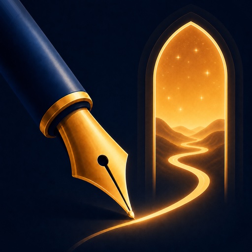 금빛 만년필 끝에서 시작된 길이 열린 문 너머로 이어지는 Indwell 그림